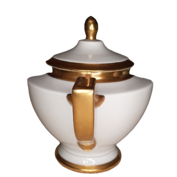 Vintage Signed Porcelain White w/Gold Trim Tea Set - Teapot, Creamer, Su… - Picture 4 of 15